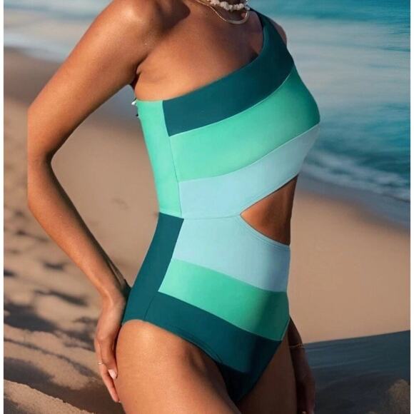 Cupshe Women XS One Shoulder Swimsuit Teal Colorblock Cutout Monokini Bathing - Picture 2 of 7